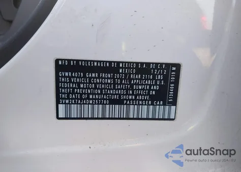 2013 Volkswagen Jetta S z USA, uszkodzony, nr VIN 3VW2K7AJ4DM257780